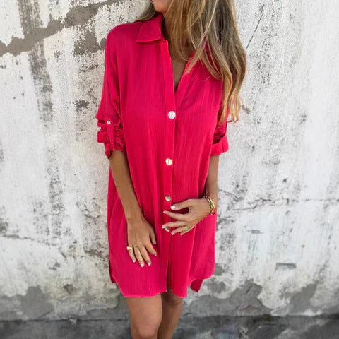 Women’s Shirtdress – Relaxed Fit – Button Front – Breathable Blend – Rolled Sleeves