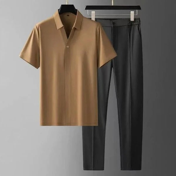 Men’s Two-Piece Set - Slim Fit - Cotton Blend - Short Sleeve Button-Up Shirt & Tailored Pants