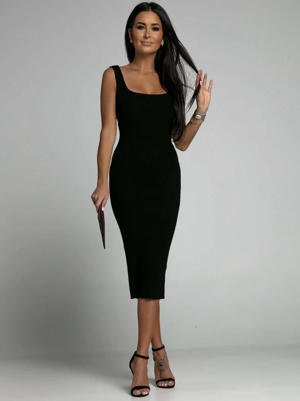 Women’s Midi Dress - Ribbed Knit - Bodycon Fit - Sleeveless Square Neckline