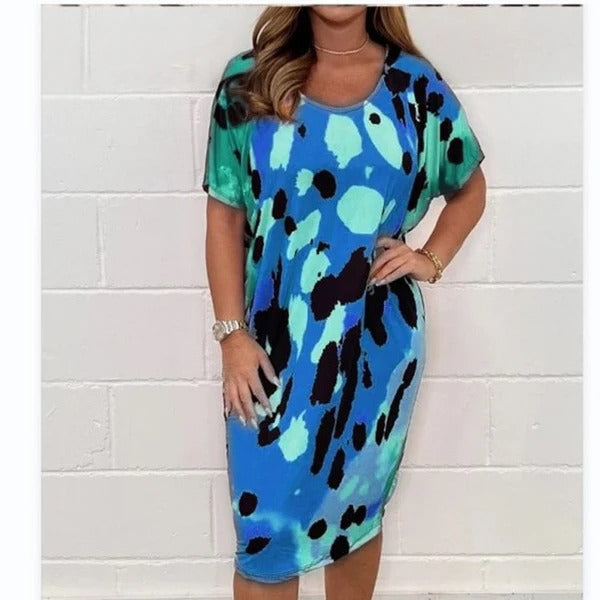 Women’s Midi Dress – Relaxed Fit  – Short Sleeve Artistic Print