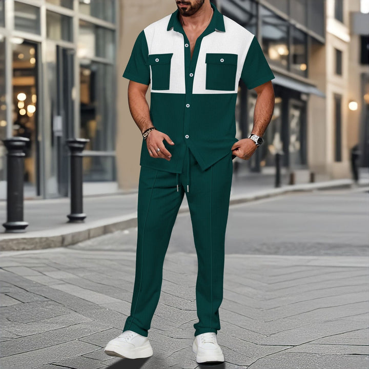 Men’s Two-Piece Set – Waffle Knit – Relaxed Fit – Button Shirt & Drawstring Pants