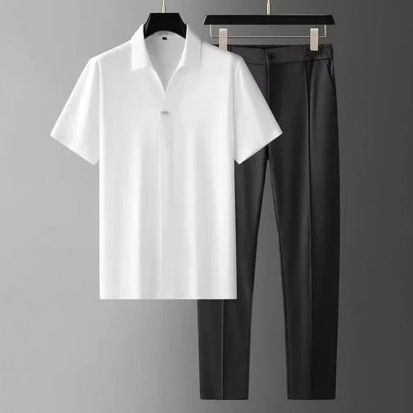 Men’s Two-Piece Set - Slim Fit - Cotton Blend - Short Sleeve Button-Up Shirt & Tailored Pants