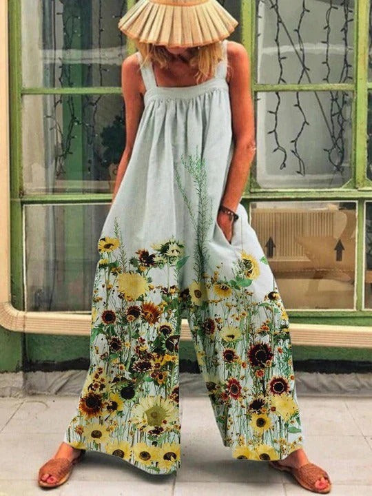 Women’s Wide-Leg Overall – Relaxed Fit – Sleeveless – Artistic Print – Breathable Cotton