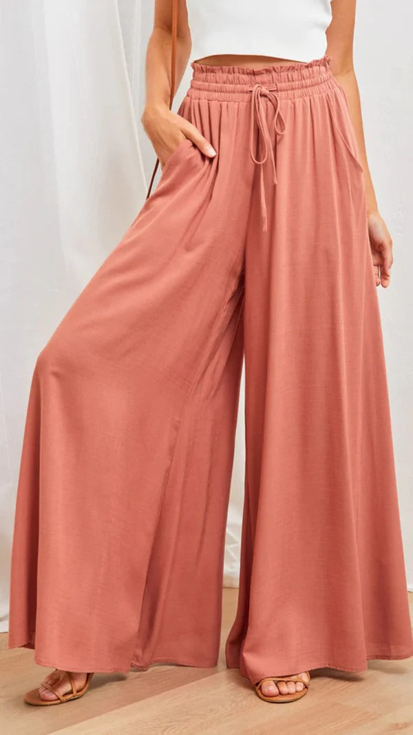 Women’s Wide-Leg Pants – Relaxed Fit – Pleated Cotton Blend – Elastic Waist with Drawstring