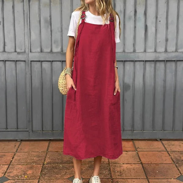 Women’s Midi Dress – Linen – Relaxed Fit – Adjustable Straps – Front Pockets