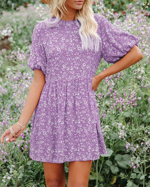 Women’s A-Line Dress - Puff Sleeves - Floral Pattern - Mini Length - Soft Blend