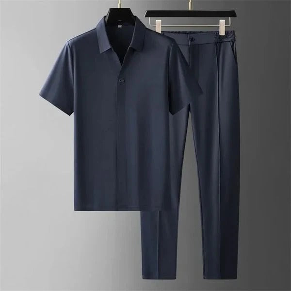 Men’s Two-Piece Set - Slim Fit - Cotton Blend - Short Sleeve Button-Up Shirt & Tailored Pants