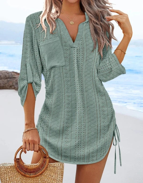 Women’s Beach Dress – Eyelet Lace – Relaxed Fit – V-Neck – Adjustable Waist Ties