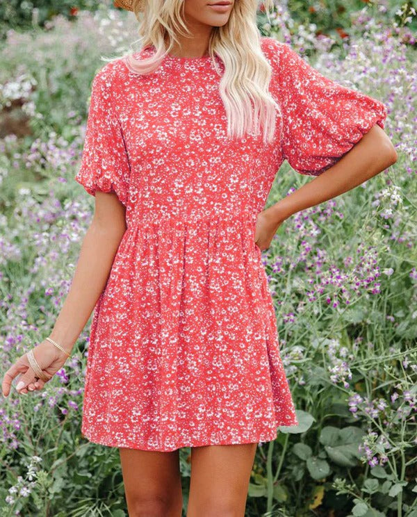 Women’s A-Line Dress - Puff Sleeves - Floral Pattern - Mini Length - Soft Blend