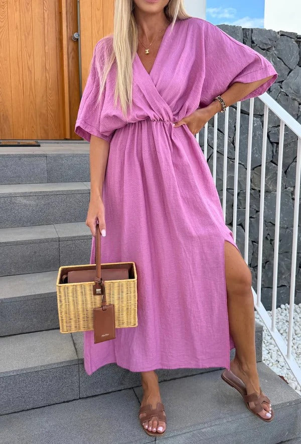 Women’s Maxi Dress - Wrap Front - V-Neck - Relaxed Fit - Side Slits - Cotton Blend