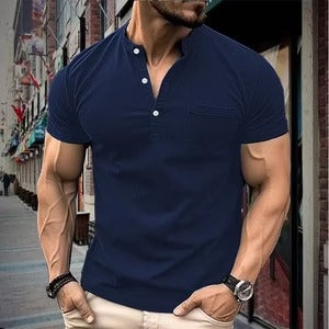 Men’s Short Sleeve Shirt – Slim Fit – Cotton – Standing Collar – Chest Pocket