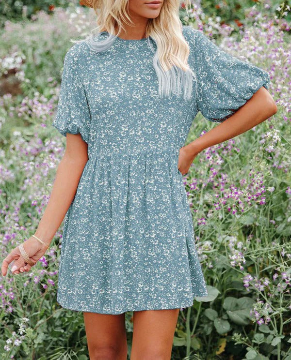 Women’s A-Line Dress - Puff Sleeves - Floral Pattern - Mini Length - Soft Blend