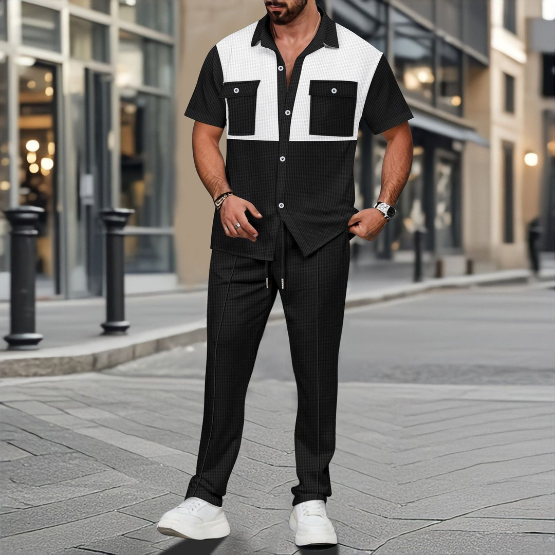 Men’s Two-Piece Set – Waffle Knit – Relaxed Fit – Button Shirt & Drawstring Pants