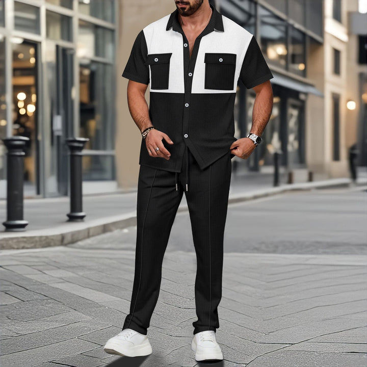 Men’s Two-Piece Set – Waffle Knit – Relaxed Fit – Button Shirt & Drawstring Pants