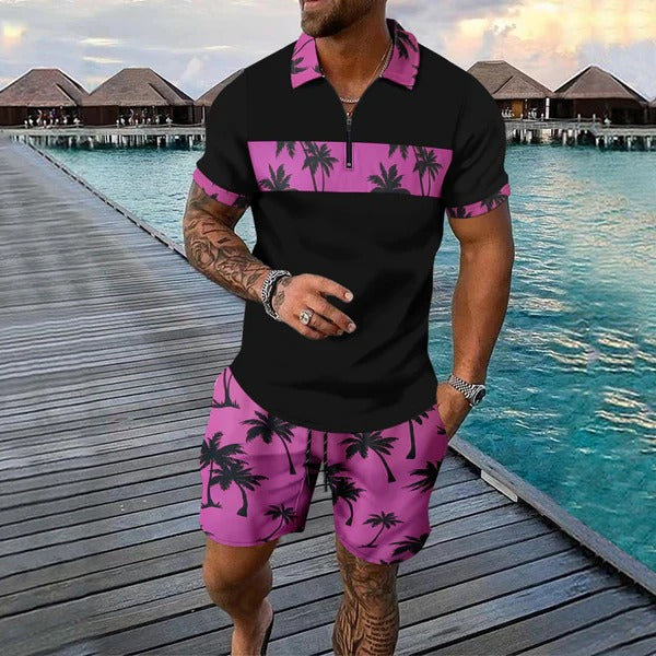 Men’s Casual Suit Set – Zip Polo Shirt – Tropical Pattern – Drawstring Shorts – Relaxed Fit