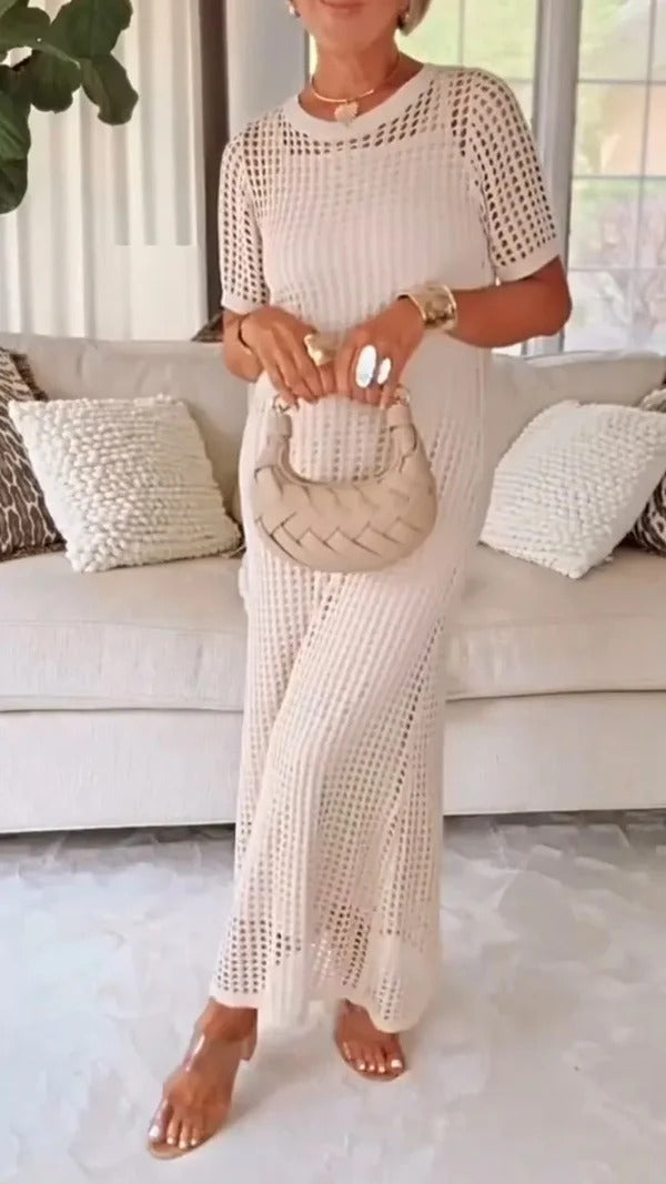 Women’s Maxi Dress - Mesh Overlay - Straight Fit - Short Sleeve Elegant Design