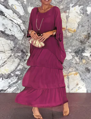 Women’s Maxi Dress – Flowing Fit – Tiered Layers – Sheer Fabric – Elbow Sleeve