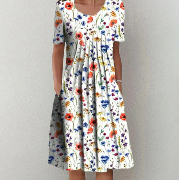 Women’s Midi Dress – A-Line Fit – Breathable Blend – Short Sleeve – Floral Print