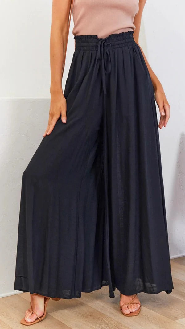 Women’s Wide-Leg Pants – Relaxed Fit – Pleated Cotton Blend – Elastic Waist with Drawstring