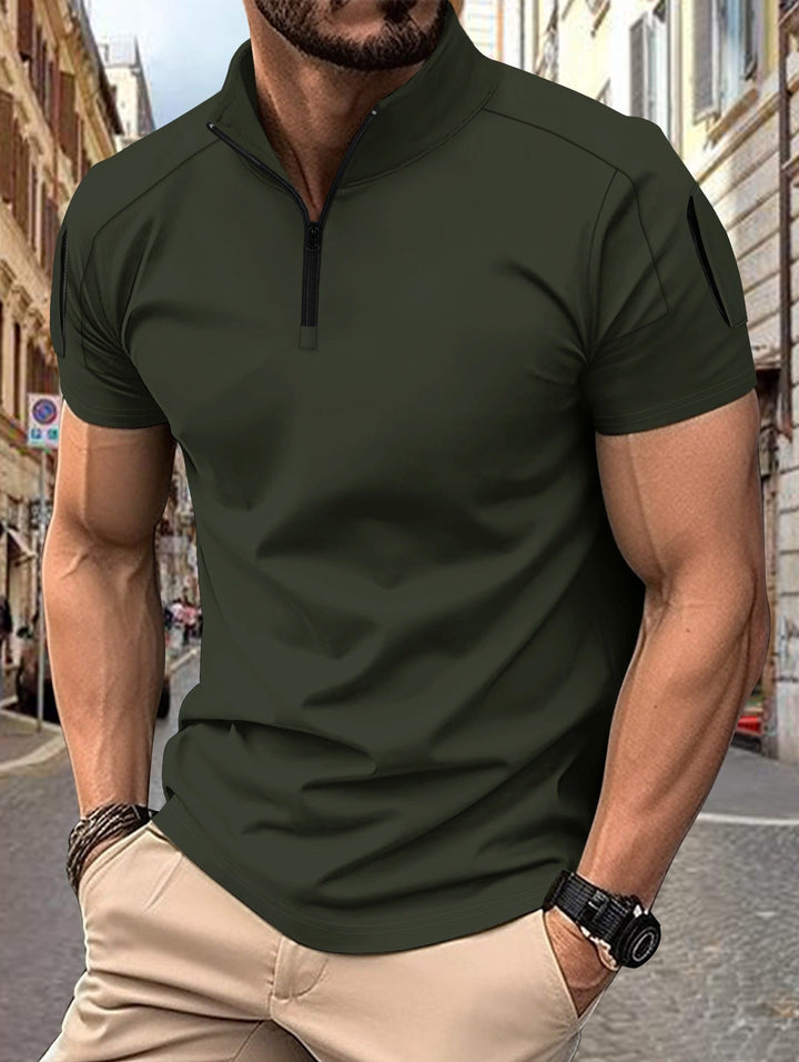 Men’s Polo Shirt - Slim Fit - Cotton Blend - Zip Collar - Tactical Sleeve Pockets