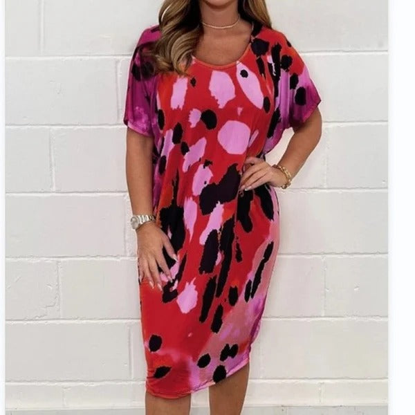 Women’s Midi Dress – Relaxed Fit  – Short Sleeve Artistic Print