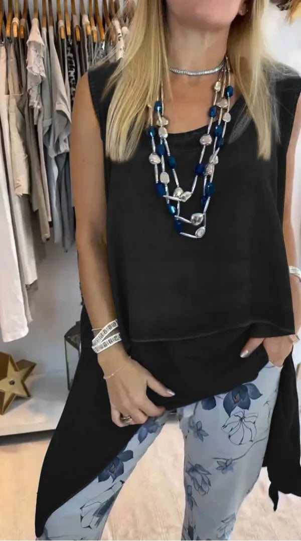 Women’s Sleeveless Top – Relaxed Fit – Asymmetric Hem – Draped Design