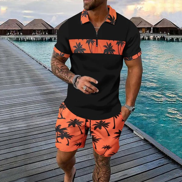 Men’s Casual Suit Set – Zip Polo Shirt – Tropical Pattern – Drawstring Shorts – Relaxed Fit