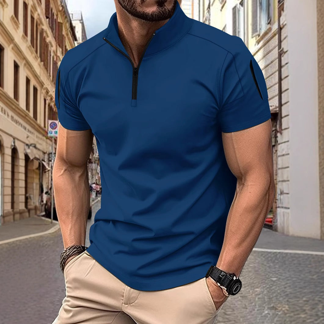 Men’s Polo Shirt - Slim Fit - Cotton Blend - Zip Collar - Tactical Sleeve Pockets