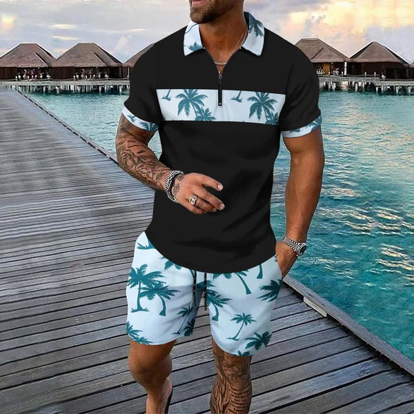 Men’s Casual Suit Set – Zip Polo Shirt – Tropical Pattern – Drawstring Shorts – Relaxed Fit