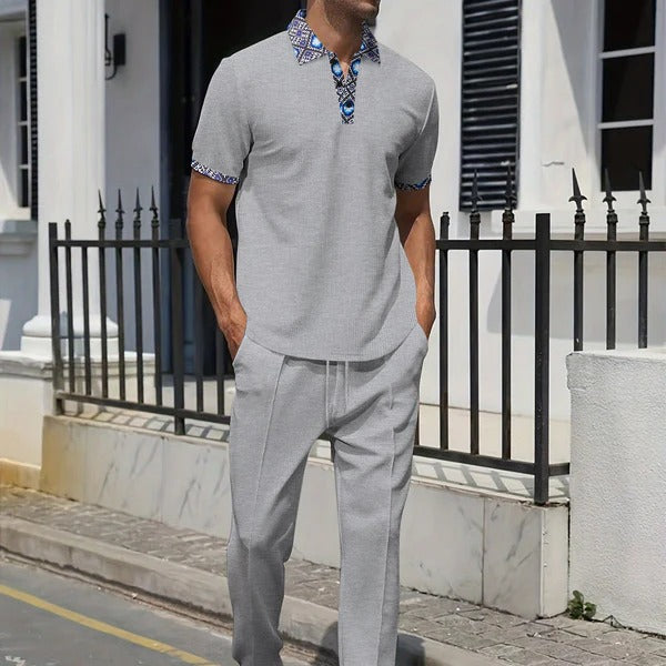 Men’s Casual Set – Relaxed Fit Top with Patterned Collar – Tapered Leg Pants – Cotton