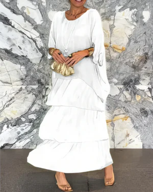 Women’s Maxi Dress – Flowing Fit – Tiered Layers – Sheer Fabric – Elbow Sleeve