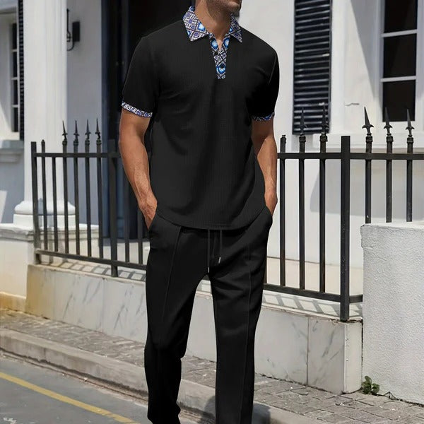 Men’s Casual Set – Relaxed Fit Top with Patterned Collar – Tapered Leg Pants – Cotton