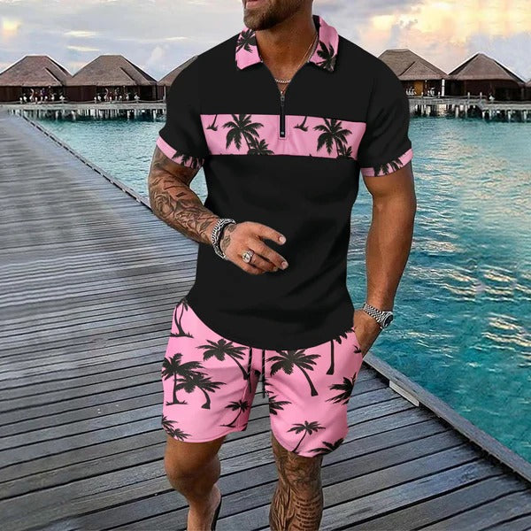Men’s Casual Suit Set – Zip Polo Shirt – Tropical Pattern – Drawstring Shorts – Relaxed Fit