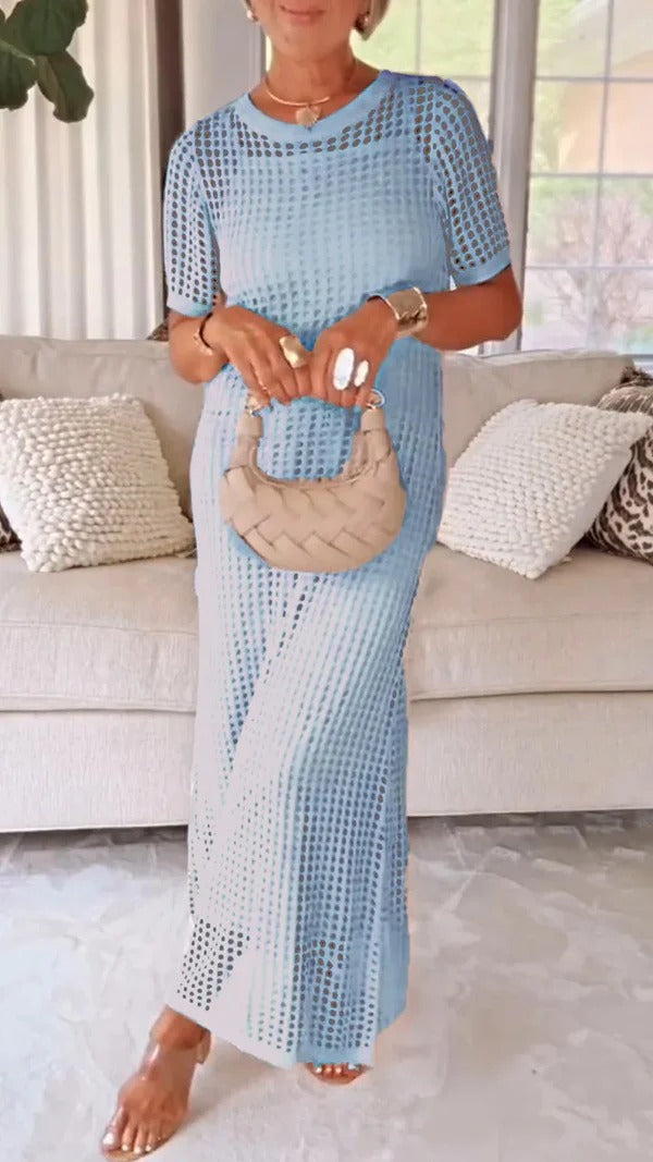 Women’s Maxi Dress - Mesh Overlay - Straight Fit - Short Sleeve Elegant Design