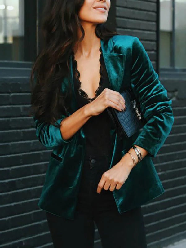 Women’s Blazer - Velvet Tailored Fit - Lapel Collar - Single Button Elegant Design