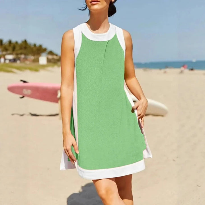 Women’s Mini Dress – Relaxed Fit – Sporty Neckline – Side Pockets – Cotton