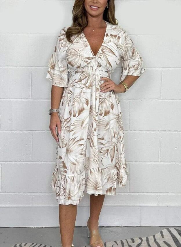 Women’s Midi Dress – Loose Fit – High Waist – Ruffle Sleeve – V-Neck Cotton Blend