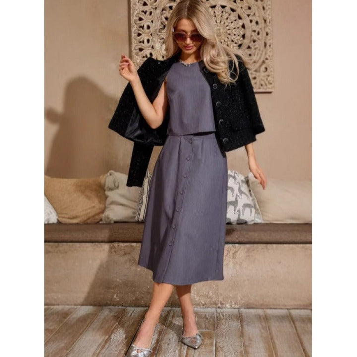 Women’s Two-Piece Set – Relaxed Fit Crop Top – Button-Front Midi Skirt – Cotton Blend