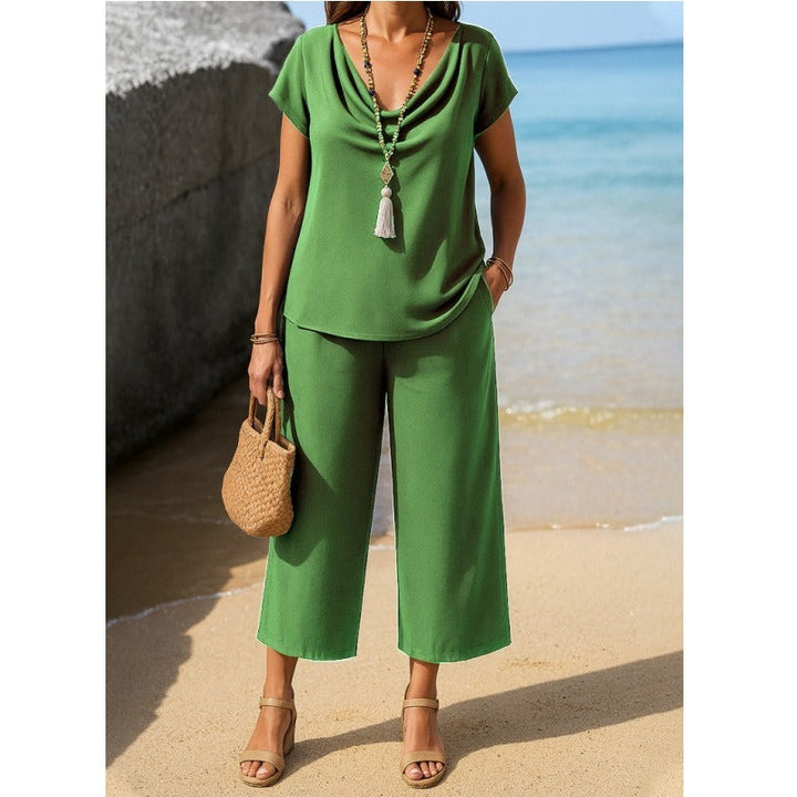 Women’s Two-Piece Set – Relaxed Fit – Draped Top – Wide-Leg Cropped Pants – Soft Knit