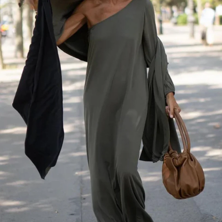 Women’s One-Shoulder Dress – Slim Fit – Lightweight Draped – Full Length Elegant Wear