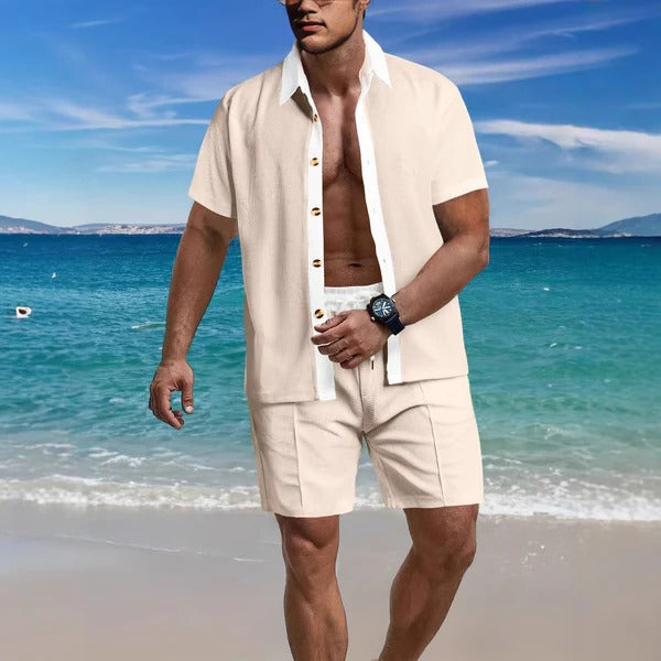 Men’s Shirt and Shorts Set - Relaxed Fit - Cotton Blend - Short Sleeve Button-Down