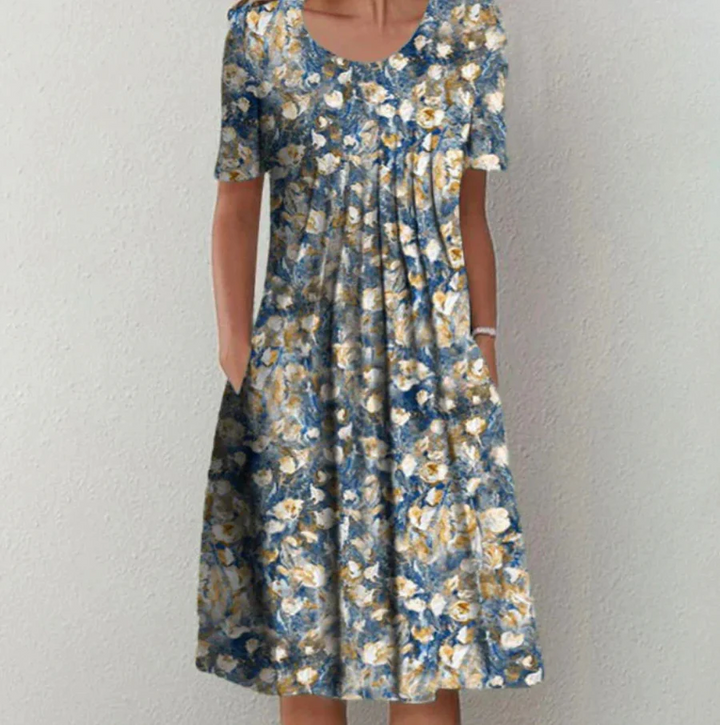 Women’s Midi Dress – A-Line Fit – Breathable Blend – Short Sleeve – Floral Print