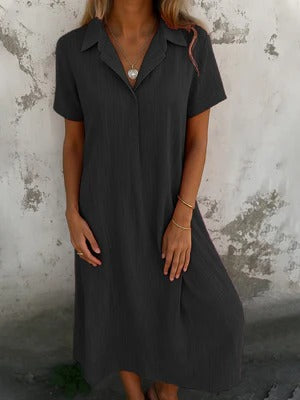 Women’s Shirt Dress – Relaxed Fit – Cotton – Midi Length – Short Sleeve – Collared