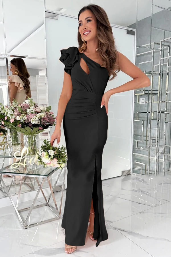 Women’s Evening Gown – Slim Fit – Satin Feel – Asymmetrical Neckline – Ruffle Shoulder