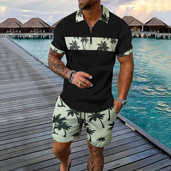 Men’s Casual Suit Set – Zip Polo Shirt – Tropical Pattern – Drawstring Shorts – Relaxed Fit