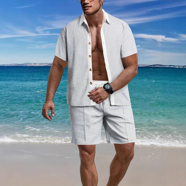 Men’s Shirt and Shorts Set - Relaxed Fit - Cotton Blend - Short Sleeve Button-Down
