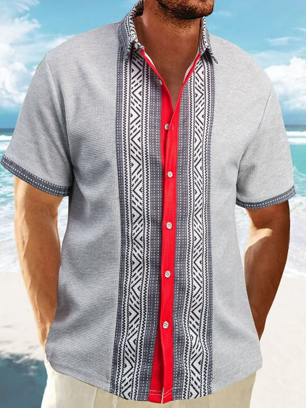 Men’s Short Sleeve Shirt - Relaxed Fit - Cotton - Ethnic Pattern - Button Down
