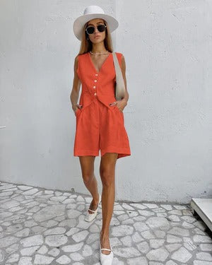 Women’s Vest and Short Set – Linen – Relaxed Fit – Tailored V-Neck – Button Front – Waist Length