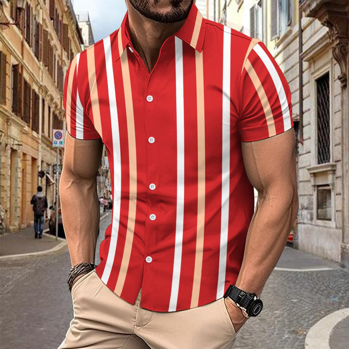 Men’s Short Sleeve Shirt - Slim Fit - Cotton - Vertical Stripe - Casual