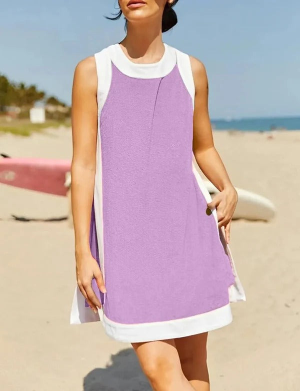 Women’s Mini Dress – Relaxed Fit – Sporty Neckline – Side Pockets – Cotton